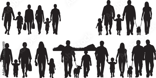 Silhouettes of happy families walking together in various groups
