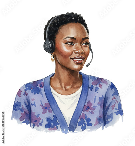 Smiling African American woman wearing a headset with a microphone ready to communicate in watercolor art