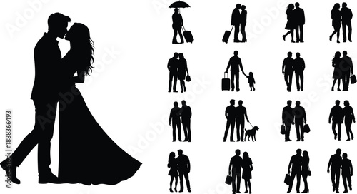 Romantic couple silhouettes collection showing love, wedding, travel and family moments, people walking, kissing and hugging together, black and white vector illustration set