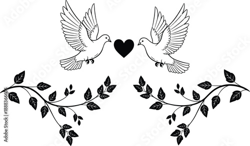 Two white doves flying toward heart with floral branches, peace and love wedding symbol, black and white line art vector illustration isolated
