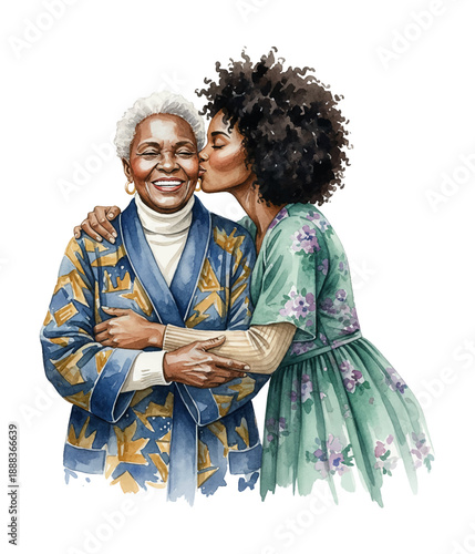 African American daughter lovingly kisses her smiling grandmother on the cheek showing deep affection and joy