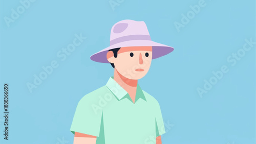 Man wearing a light purple sun hat and green shirt.