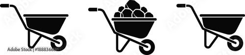 Wheelbarrow icon set showing empty and loaded construction carts, black and white silhouette illustration for building, construction, gardening and industrial design projects