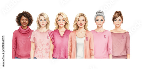 Diverse Women Smiling and Standing Together in Pink Supporting Breast Cancer Awareness Campaign