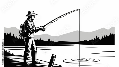 Man fishing from a wooden dock on a calm lake.