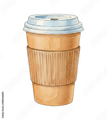 Watercolor illustration of a disposable coffee cup with light blue lid and a brown sleeve artwork
