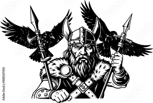 Odin with ravens vector black silhouette print design
