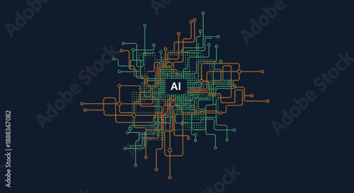 A sophisticated abstract digital network of interconnected pathways and nodes converges around the central 'AI' text, illustrating the complex architecture of artificial intelligence and machine