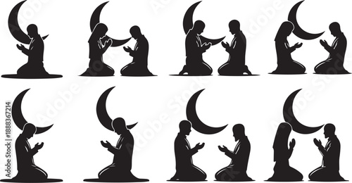 Silhouette of people praying with crescent moon in background