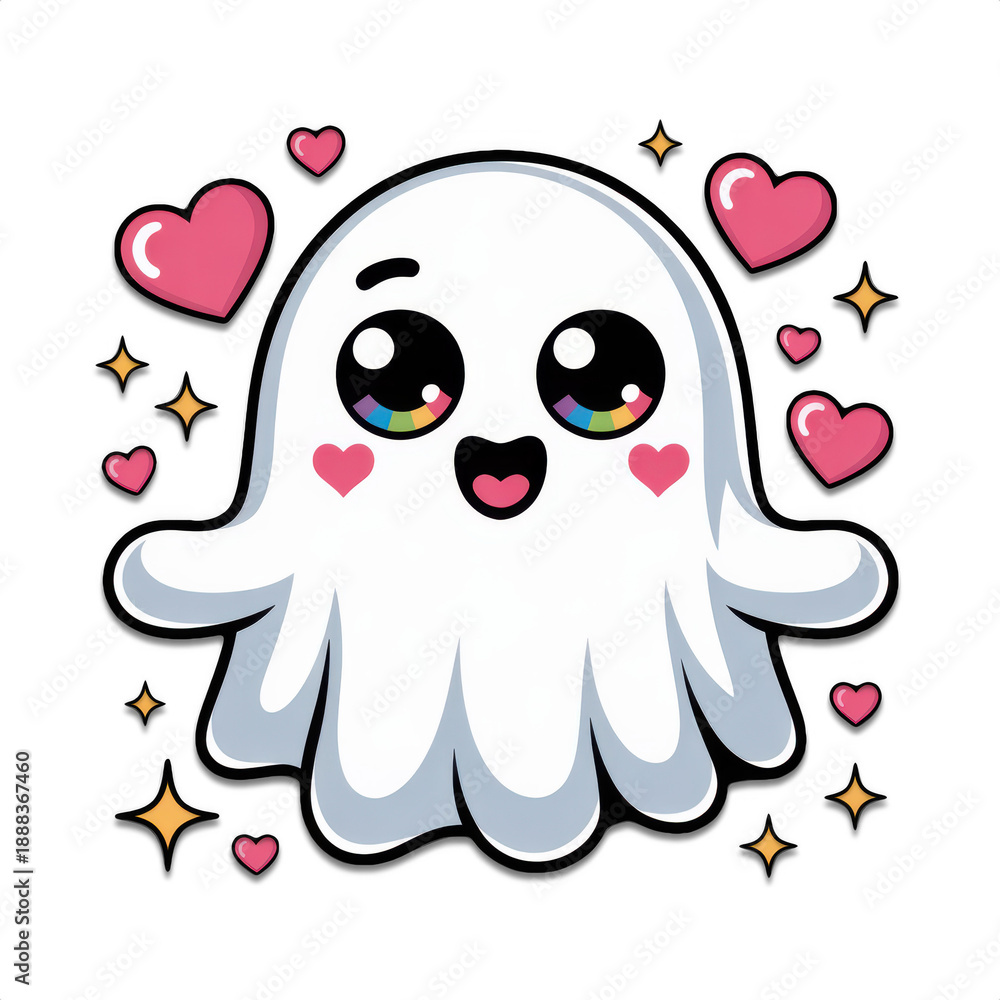 Obraz premium Adorable kawaii ghost character with big sparkling eyes surrounded by hearts and stars for halloween cute sticker valentine theme emoji nursery decor and social media icon printable