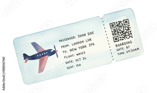 Watercolor illustration of a flight boarding pass ticket for air travel journey with airplane icon