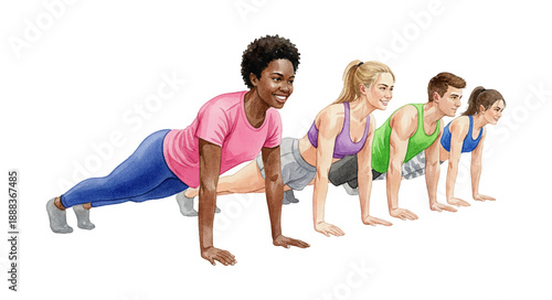 A diverse group of happy young adults smiling while performing plank exercises showing strength and fitness