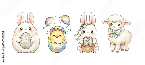 Cute Easter animals illustration with bunnies holding eggs a chick hatching and a lamb with a bow joyful scene