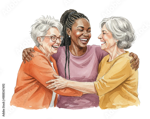 Three happy multiethnic women Caucasian and African American laughing joyfully while embracing each other