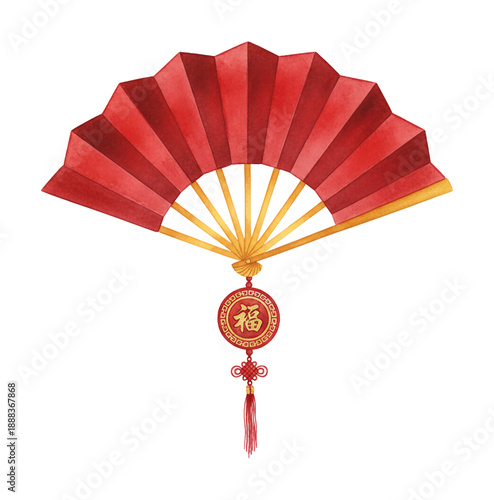 Traditional Chinese Red Folding Fan with Golden Ribs and a Lucky Fu Character Charm Watercolor Illustration