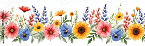Watercolor floral arrangement with daisies, sunflowers, and pansies in vibrant colors on white. Gentle botanical border design for cards, invites, or web.