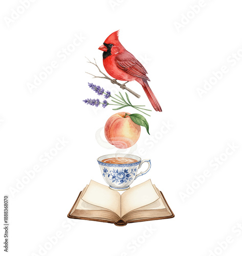Beautiful red cardinal bird perched on a branch with lavender peach steaming teacup and open book watercolor painting