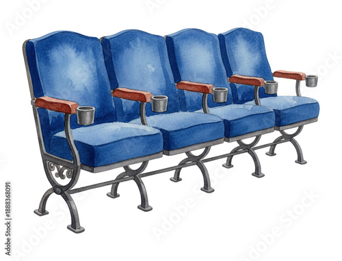 Four empty blue cinema or theater seats arranged in a row with wooden armrests and cup holders