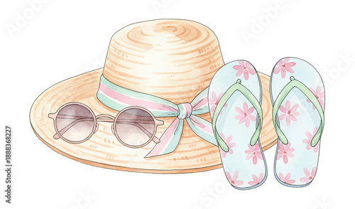 Watercolor summer hat with sunglasses and floral flip flops beach vacation accessories