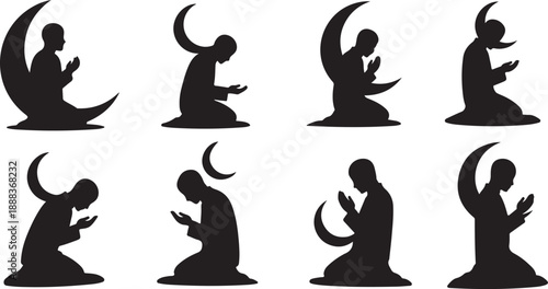 Silhouette of a person praying under the crescent moon
