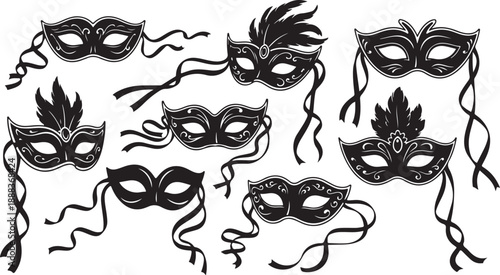 Collection of black masquerade masks with feathers and ribbons