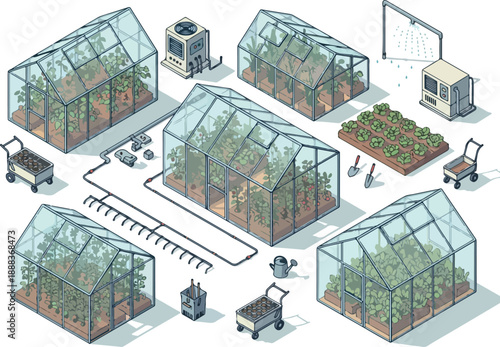 Greenhouse Garden Isometric Illustration of Plants & Growing System