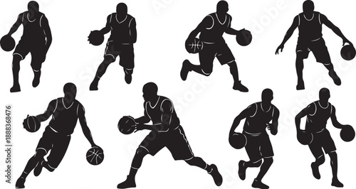 Silhouette of basketball players in various poses and actions