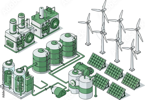 Renewable Energy Network Wind, Solar, and Hydrogen Power Illustration