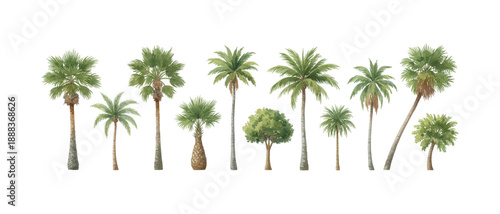 Variety of tropical palm trees and green tree watercolor illustration isolated on white background