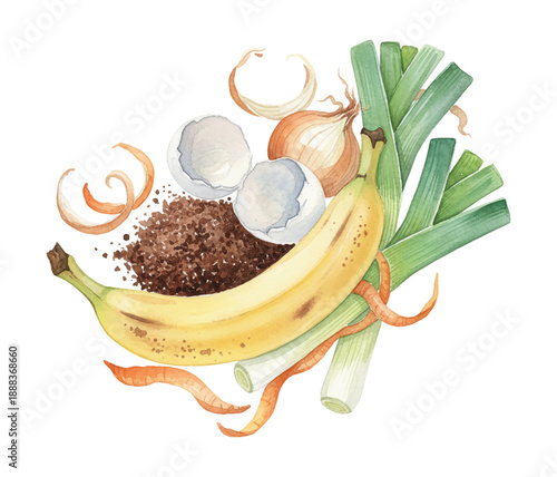 Organic kitchen waste for composting with banana peel eggshells onion leek ends and coffee grounds watercolor
