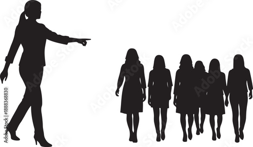 Silhouette of businesswoman leading group of colleagues forward together
