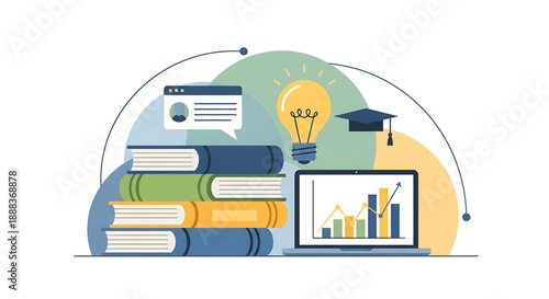 Educational resources and learning materials depicted with books, a graduation cap, and a laptop displaying a graph