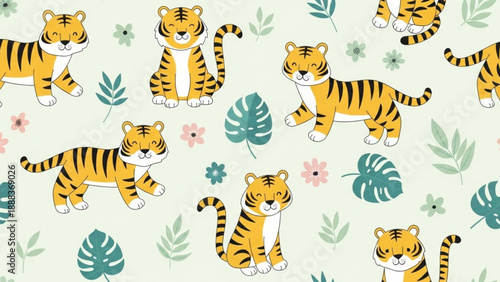 Adorable cartoon tiger characters with tropical monstera leaves and flowers on a light green background. Hand-drawn style seamless pattern for kids and nursery decor.