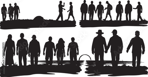Silhouettes of people walking in various group formations together