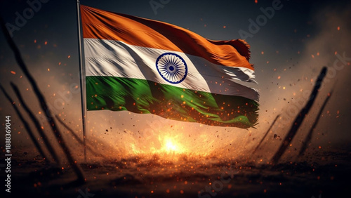 Powerful image of the Indian flag standing tall amidst a field of sparks, smoke, and debris, symbolizing resilience and strength.