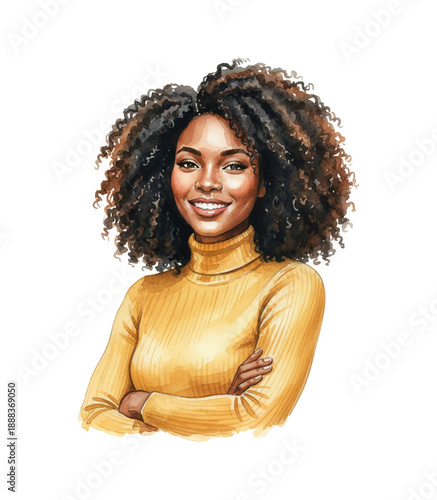 Smiling African American Woman with Curly Hair and Yellow Turtleneck Sweater Posing Confidently with Arms Crossed