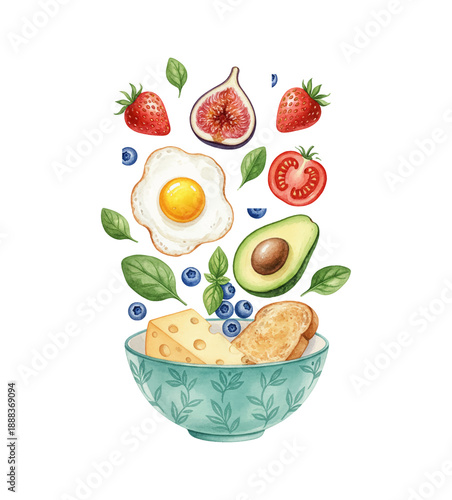 Healthy breakfast ingredients falling into a bowl featuring eggs avocado fruits cheese and toast