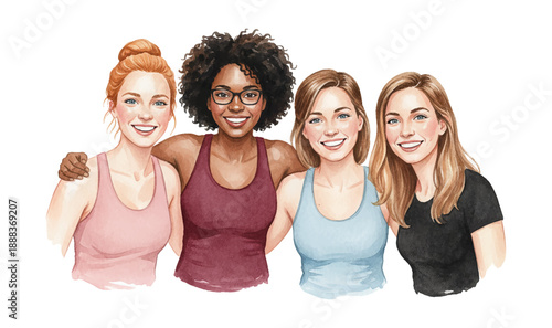 Four diverse women friends smiling brightly with happiness and support in a group portrait watercolor