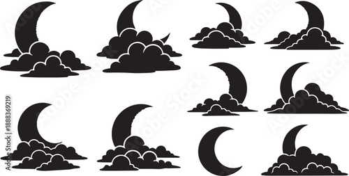 Crescent Moon Silhouettes with Clouds at Night Sky