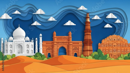 Minimalist paper cut design featuring the Taj Mahal, Hawa Mahal, and Gateway of India set against golden sand dunes and a blue sky.
