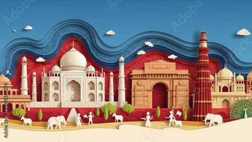 Vibrant 3D paper craft illustration featuring the Taj Mahal, India Gate, elephants, and traditional Indian figures under a deep blue sky.