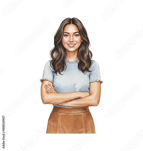 Young confident Latina woman smiling with arms crossed wearing a blue top and brown skirt illustration