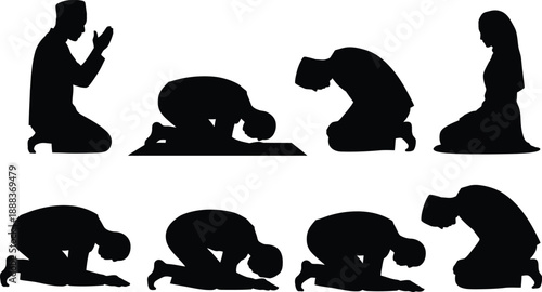 Islamic Religious Symbols and Prayer Silhouette Set, Ramadan Kareem Elements with Mosque, Lantern and Quran Vector