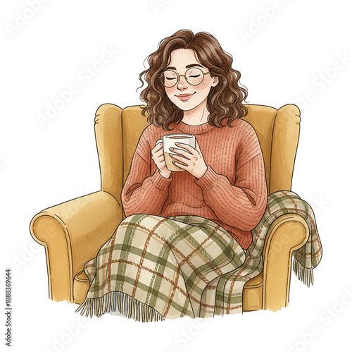 Young woman with glasses and wavy hair sitting cozy in an armchair holding a warm mug smiling peacefully