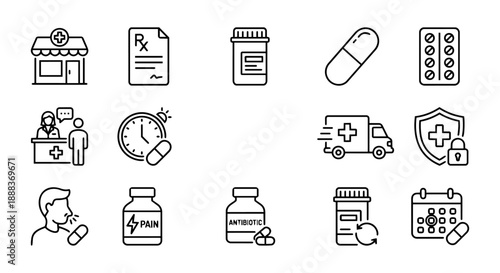 14 Pharmacy, Medication and Drug Prescription Outline Icons Set