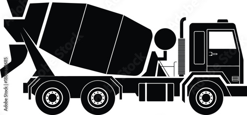 Concrete Mixer Truck Silhouette, Construction Vehicle Vector Illustration, Heavy Equipment for Building Site