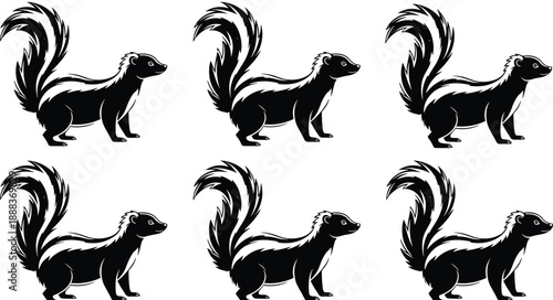 Black vector silhouette set of six identical skunks with bushy tails and white stripes for wildlife nature animal protection and forest scavenger design,