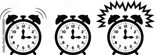 Alarm Clock Icon Set with Ringing Sound Effects, Retro Twin Bell Clock Vector Illustration for Time Management