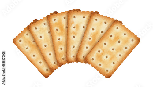 Fanned golden rectangular crackers with scalloped edges and docking holes in a watercolor illustration