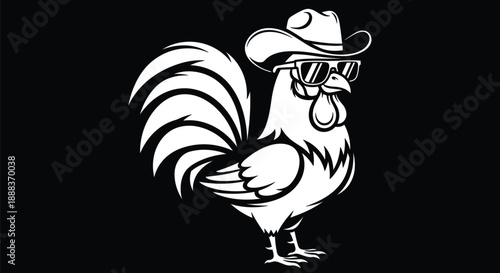 Cool white vector line art illustration of a rooster wearing a cowboy hat and sunglasses on a black background for farm mascot design
